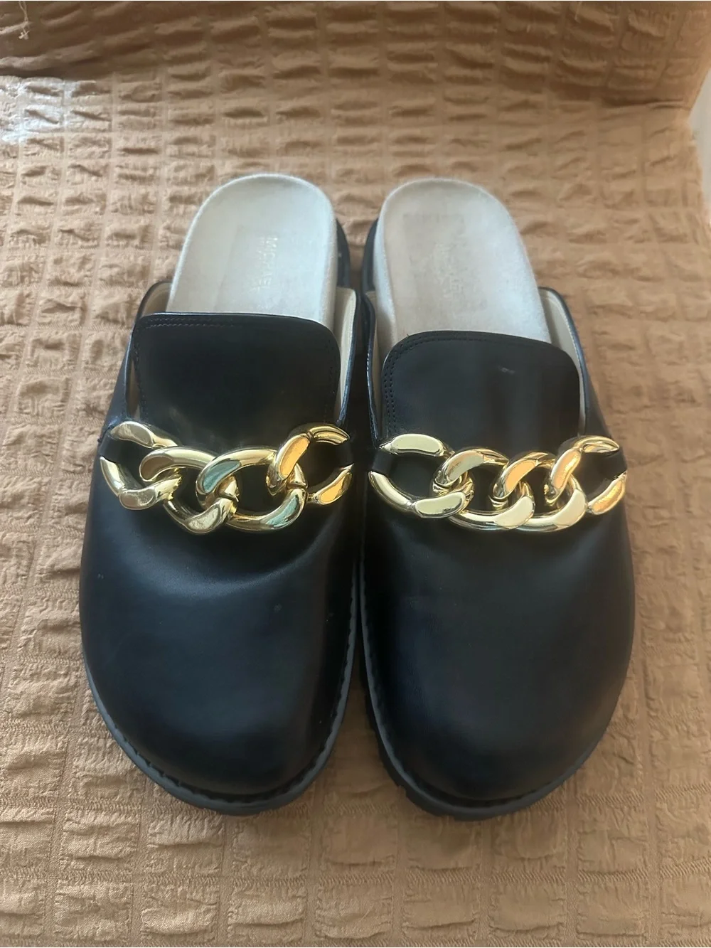 Michael Kors Black Leather Mules with Oversized Gold Chain